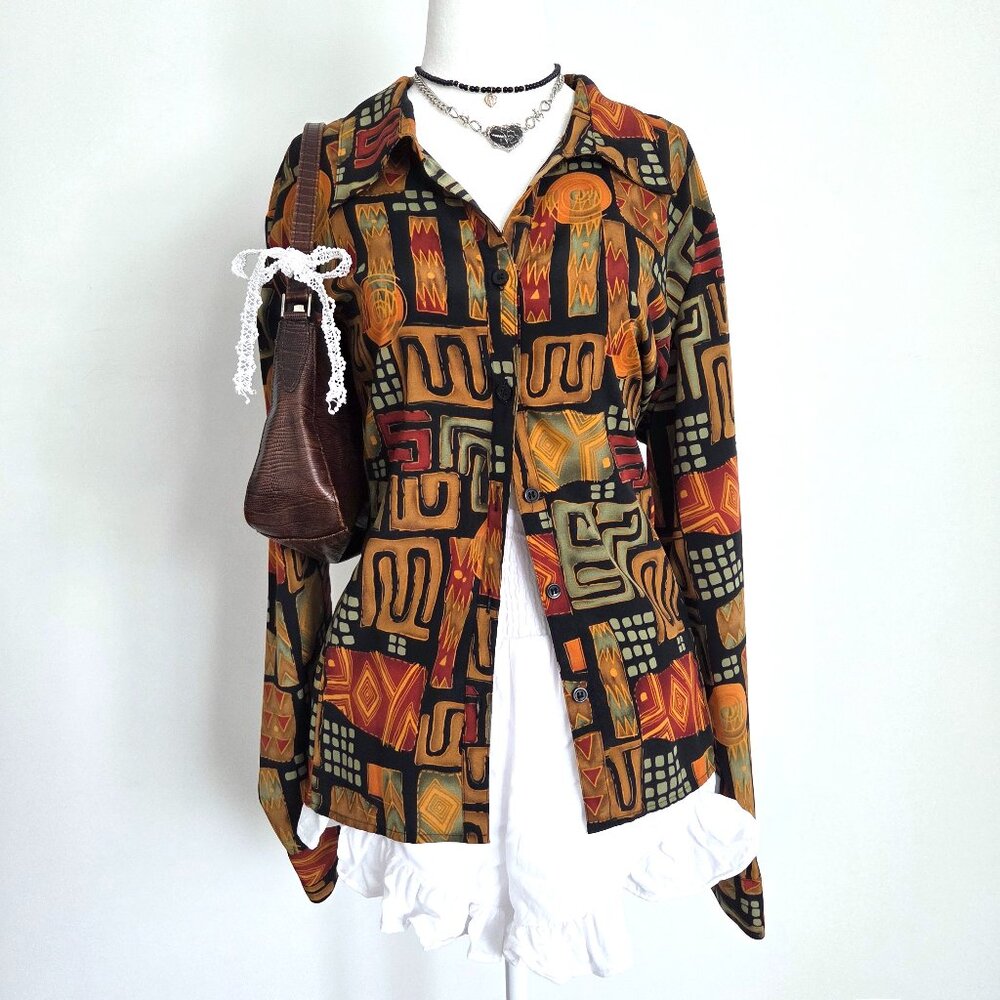 Vtg 90s Abstract Geometric Button Up Top XL‎ Boho Earthy Artsy Hippie Elementz
